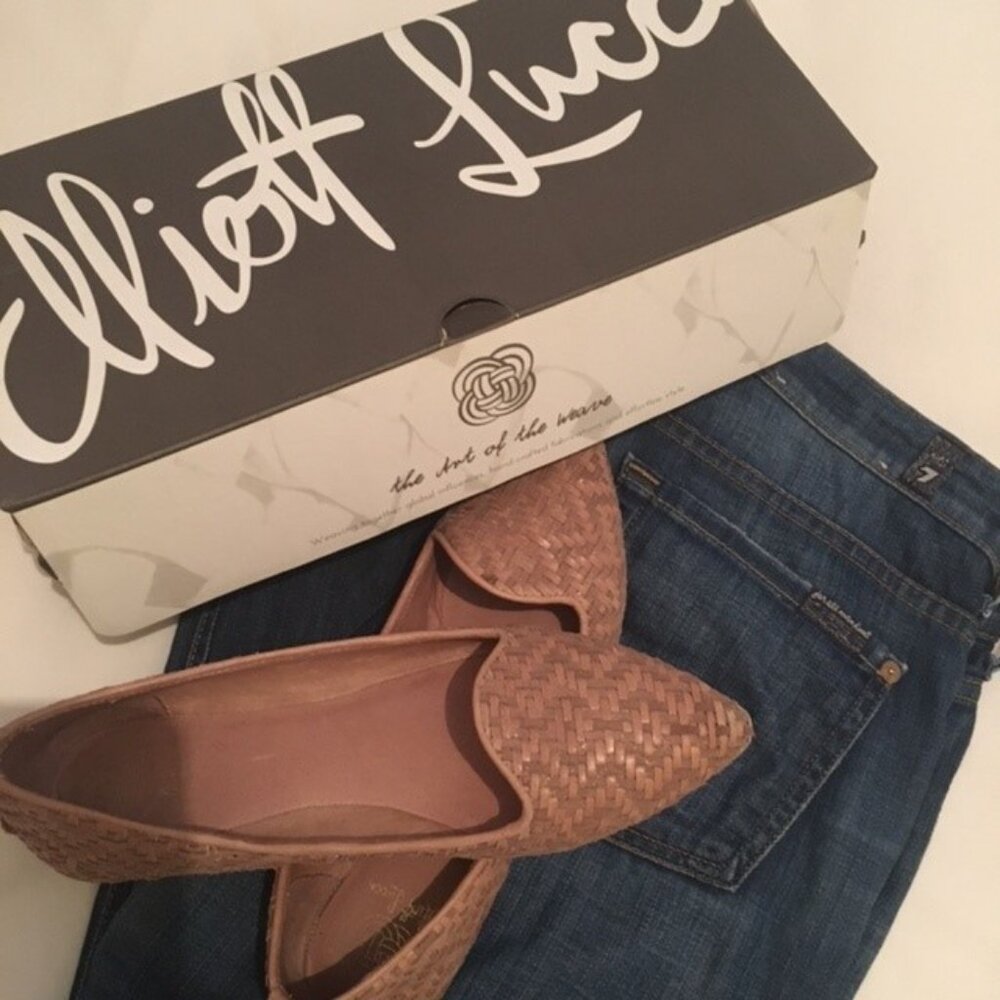 Elliott Lucca Aztec Taupe Woven Leather Pointed Toe Ballet Flats Size: 7